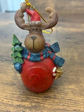 Red Moose Christmas Ornament with Scarf and Tree